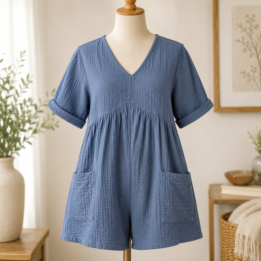 NWT Cupshe Romper Womens Blue V-Neck Gauze Babydoll Short Sleeveβ Pockets